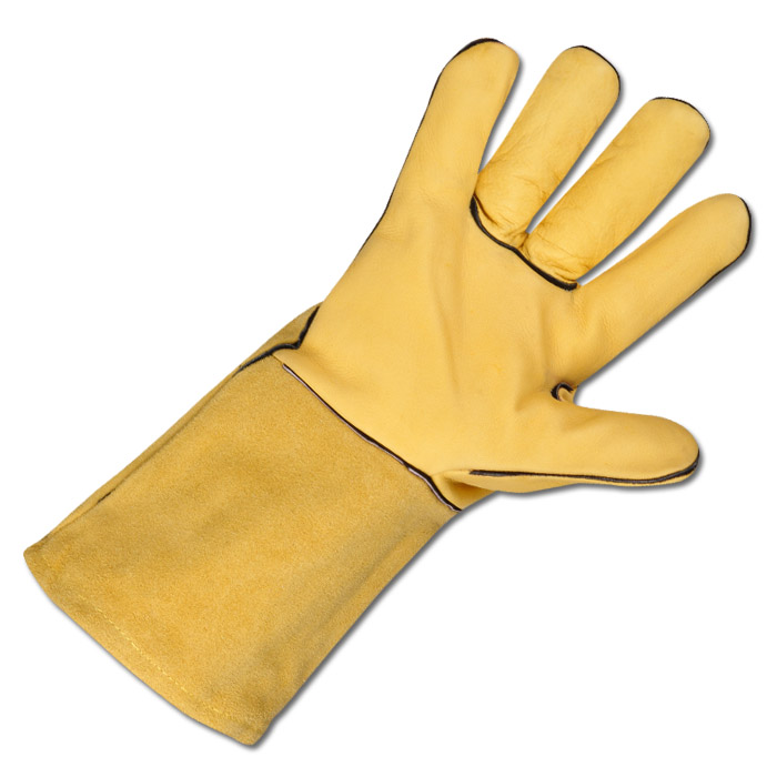 Encommium Eksperiment Grudge Svejsning handsker "VS F" - Full / split læder med bomuldsfor - brun / gul  - Norm EN 388 / Klasse 2123 / DIN EN 12477 version A