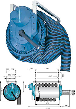 Eksos slangetrommel 865 - med elektrisk. motordrift - tilkobling DN 160mm - med endebryter, og NR-CP avsuge slange - 240W