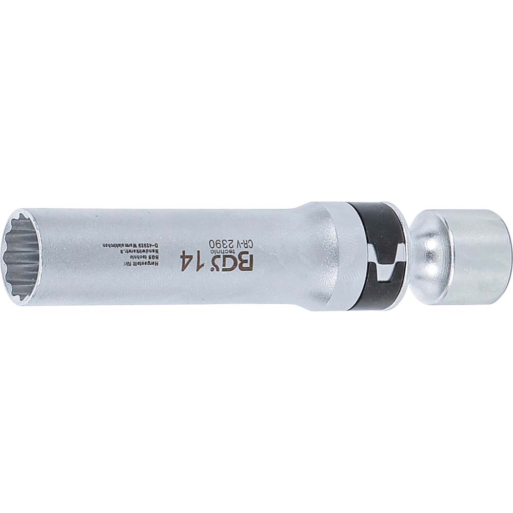 Spark plug joint insert twelve-sided with retaining spring - drive inner square 10 mm (3/8 ") - wrench size 14 to 21 mm - length 100 mm