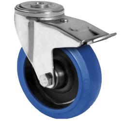 CASCOO R&uuml;ckenlochlenkrolle mit Totalfeststeller - Serie R4F1 - Elastik-Rad - Rad-&Oslash; 100 mm - Bauh&ouml;he 124 mm - Tragkraft 150 kg - Preis per St&uuml;ck