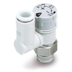 Válvula de retención con estrangulador AS301FSG-A - Acero inoxidable/PBT - máx. 10 bar - Diametro exterior de la manguera de 4 a 12 mm - Rosca M5 o R 1/2 pulgada - Con indicador numérico y bloqueo de presión - Precio por unidad