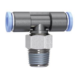 T-steekkoppeling Blauwe serie mini - draaibaar - R 1/8 - Buiten-&Oslash; slang 4 mm - Werkdruk -0,95 tot 10 bar - Kunststof/vernikkeld messing - Prijs per stuk