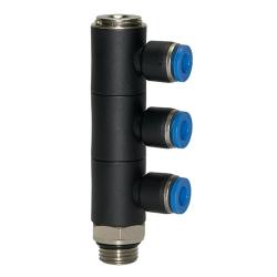 L-Multiplefordeler Blue Series - 3-vejs - drejelig - udvendig gevind G 1/8 til G 1/2 - slange udvendig diameter 4 til 12 mm - arbejdstryk -0,95 til 10 bar - maks. arbejdstryk (kortvarigt) 15 bar - plast/forniklet messing - pris pr. stk.