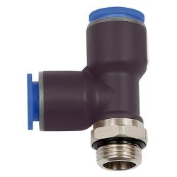 T-steekkoppeling Blauwe serie - L-vorm - draaibaar - diverse buitenschroefdraden - buitendiameter slang 4 tot 16 mm - werkdruk -0,95 tot 10 bar - max. werkdruk kortstondig 15 bar - kunststof/vernikkeld messing - prijs per stuk