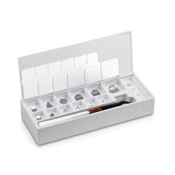 Viktset F 1 - 9 testvikter - 1 mg till 500 mg - polerat rostfritt st&aring;l - i plastfodral