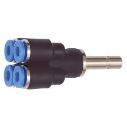 T-Multiple Fordeler Bl&aring; Serie - 4-vejs - 8 mm stiknippel - Slange udvendig diameter 4x6 mm - Arbejdstryk -0,95 til 10 bar - Maks. arbejdstryk (kortvarigt) 15 bar - Plast/Forniklet messing - Pris pr. stk.