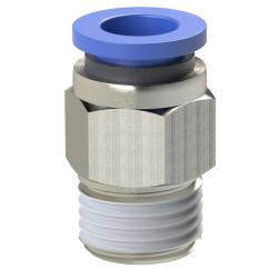 Rechte steekverbinding Blauwe serie - diverse buitendraad - buitendiameter slang 4 tot 16 mm - werkdruk -0,95 tot 10 bar - max. werkdruk kortstondig 15 bar - kunststof/vernikkeld messing - prijs per stuk