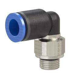 L-formad instickskoppling, Blue Series - vridbar - olika utv&auml;ndiga g&auml;ngor - slangens ytterdiameter 4 till 16 mm - arbetstryck 0,95 till 10 bar - max. arbetstryck (kortvarigt) 15 bar - plast/f&ouml;rnicklad m&auml;ssing - pris per styck