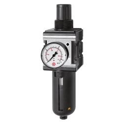 Filterregelaar "multifix" - BG 4 - G 3/4" - 5 &micro;m - PE max. 16 bar - Regelbereik 0,5 tot 10 bar - Afvoer HA - met PC-reservoir, beschermkorf en manometer - Prijs per stuk