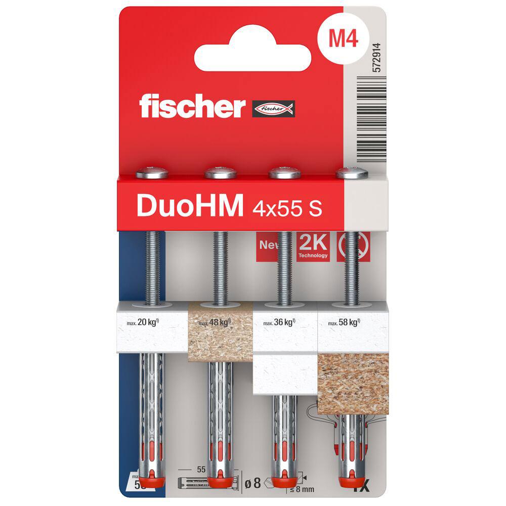Huldyvel DuoHM PZ - blisterkort - Ø 4 til 6 mm - længde 55 mm - pladetykkelse 9,5 til 30 mm - indhold 4 dyvler + 4 skruer - pakke med 5 - pris pr.