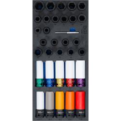 Insert pour chariot d'atelier 1/3 - Jeu de cl&eacute;s &agrave; douille pour v&eacute;hicules / vis de roue sp&eacute;ciales et jeu de tournevis &agrave; profil h&eacute;lico&iuml;dal - Taille du profil d'entra&icirc;nement : 12,5 mm (1/2") - 33 pi&egrave;ces