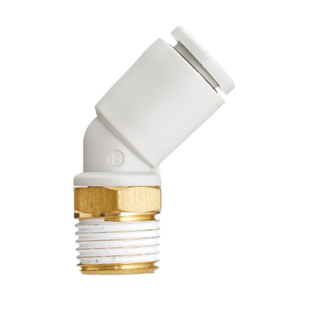 Racor en ángulo 45° KQ2K - latón/PBT - con junta roscada - anillo de presión ovalado - Ø de manguera 4 o 6 mm - rosca exterior R 1/8 pulgada a 3/8 pulgada - 10 unidades - precio por unidad