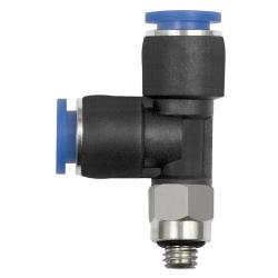 T-steekkoppeling Blauwe serie mini - L-vorm - draaibaar - diverse buitenschroefdraden - buitendiameter slang 3 tot 6 mm - werkdruk -0,95 tot 10 bar - kunststof/vernikkeld messing - prijs per stuk