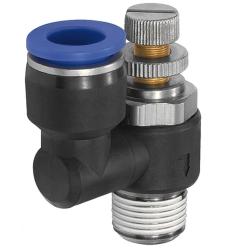 Blue Series drosselventil - med udst&oslash;dningsdrossel - M5 udvendig gevind - 4 mm udvendig slangediameter - arbejdstryk -0,95 til 10 bar - maks. kortvarigt arbejdstryk 15 bar - forniklet plast/messing - pris pr. stk.