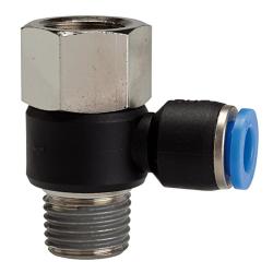 L-steekkoppeling Blauwe serie - draaibaar - met G binnendraad en R buitendraad - Buiten-&Oslash; slang 4 tot 12 mm - Werkdruk -0,95 tot 10 bar - max. werkdruk kortstondig 15 bar - Kunststof/vernikkeld messing - Prijs per stuk