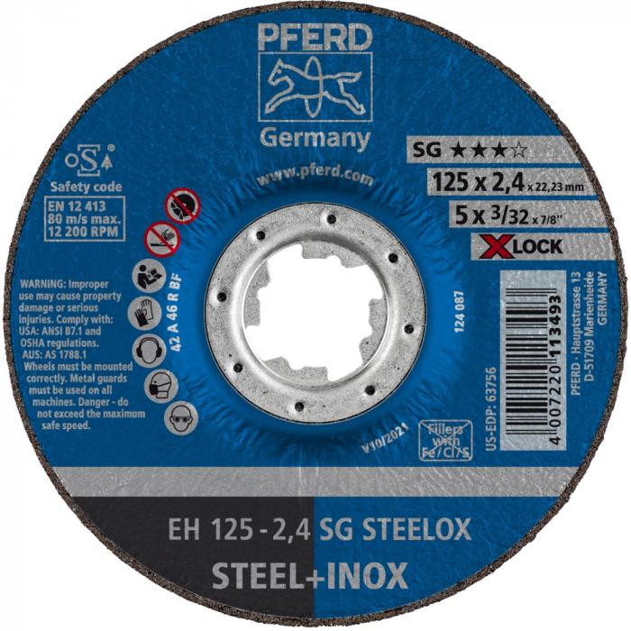 PFERD doorslijpschijf EH - SG STEELOX - Buiten-Ø 115 en 125 mm - Bevestigingssysteem X-LOCK (22,23) - VE 25 stuks - Prijs per VE