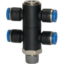 T-Multiple Fordeler Bl&aring; Serie - 4-vejs - drejelig - udvendig gevind R 1/8 til R 1/2 - slange udvendig diameter 4 til 12 mm - arbejdstryk -0,95 til 10 bar - maks. arbejdstryk (kortvarigt) 15 bar - plast/forniklet messing - pris pr. stk.