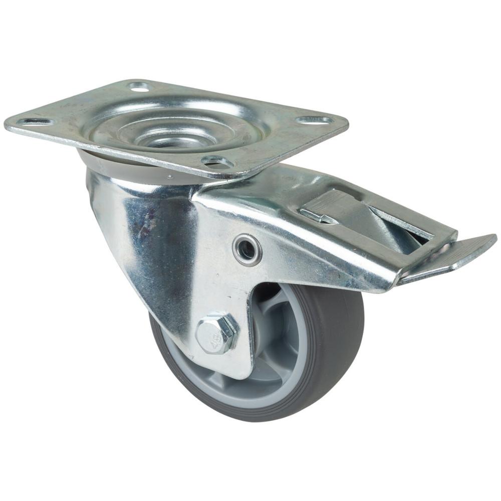 Roulette pivotante de transport avec frein total - plaque &agrave; visser - roue en thermoplastique - &Oslash; de la roue 80 &agrave; 200 mm - hauteur totale 105 &agrave; 235 mm - capacit&eacute; de charge 100 &agrave; 220 kg - prix &agrave; l'unit&eacute;