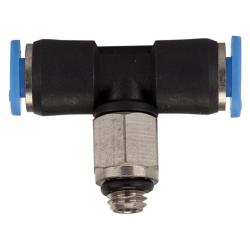 T-steekkoppeling Blauwe serie mini - draaibaar - diverse buitendraad - buitendiameter slang 3 tot 6 mm - werkdruk -0,95 tot 10 bar - kunststof/vernikkeld messing - prijs per stuk