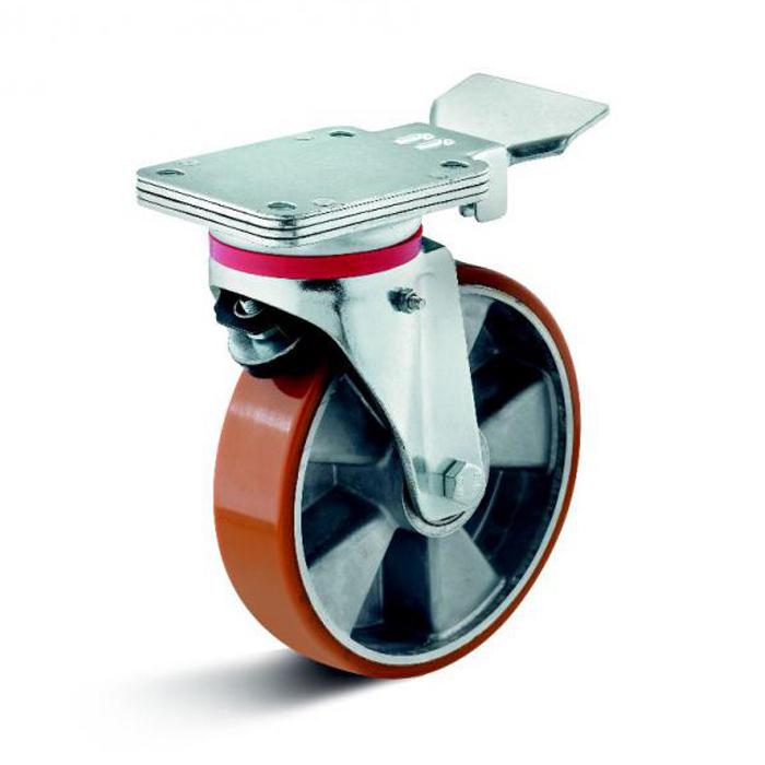 Rolka obrotowa - Koło PU - blokada płytki - Ř koła 125 do 200 mm - wysokość 178 do 255 mm - Nośność 350 do 700 kg