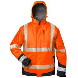 Hoge zichtbaarheid softshell jas "Lukas" - maat S tot XXXL - fluorescerend oranje/zwart - EN ISO 20471 klasse 3 - wind- en waterdicht - verstelbare en afneembare capuchon