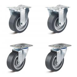 Jeu de roulettes - 2 roulettes pivotantes et 2 fixes - roue Ø 80 à 100 mm - hauteur de construction 100 à 125 mm - capacité de charge / jeu 360 à 540 kg