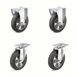 Set de roulettes - Set de 4 roulettes dont 2 roulettes pivotantes avec double frein et 2 roulettes fixes - Ø de la roue 125 à 200 mm - hauteur totale 155 à 235 mm - capacité de charge/set 600 à 1200 kg
