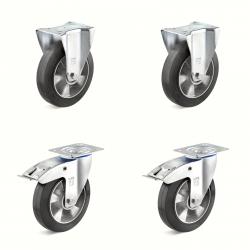 Set de roulettes - Set de 4 roulettes dont 2 roulettes pivotantes avec double frein et 2 roulettes fixes - Ø de la roue 125 à 200 mm - hauteur totale 155 à 235 mm - capacité de charge/set 600 à 1200 kg