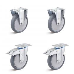 Set de roulettes - Set de 4 roulettes avec 2 roulettes pivotantes avec double frein et 2 roulettes fixes - Ø des roues 80 à 200 mm - hauteur totale 100 à 235 mm - capacité de charge/set 240 à 660 kg