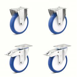 Set de roulettes - Set de 4 roulettes dont 2 roulettes pivotantes avec double frein et 2 roulettes fixes - Ø de la roue 80 à 200 mm - hauteur totale 100 à 235 mm - capacité de charge/set 300 à 900 kg