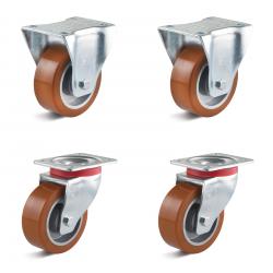 Set de roulettes - Set de 4 roulettes dont 2 roulettes pivotantes et 2 roulettes fixes - Ø de la roue 80 à 100 mm - hauteur totale 108 à 128 mm - capacité de charge/set 540 à 840 kg