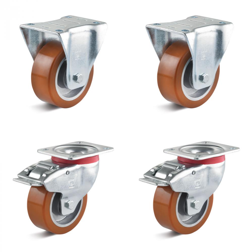 Set de roulettes - Set de 4 roulettes dont 2 roulettes pivotantes avec double frein et 2 roulettes fixes - Ø de la roue 80 à 100 mm - hauteur totale 108 à 128 mm - capacité de charge/set 540 à 840 kg