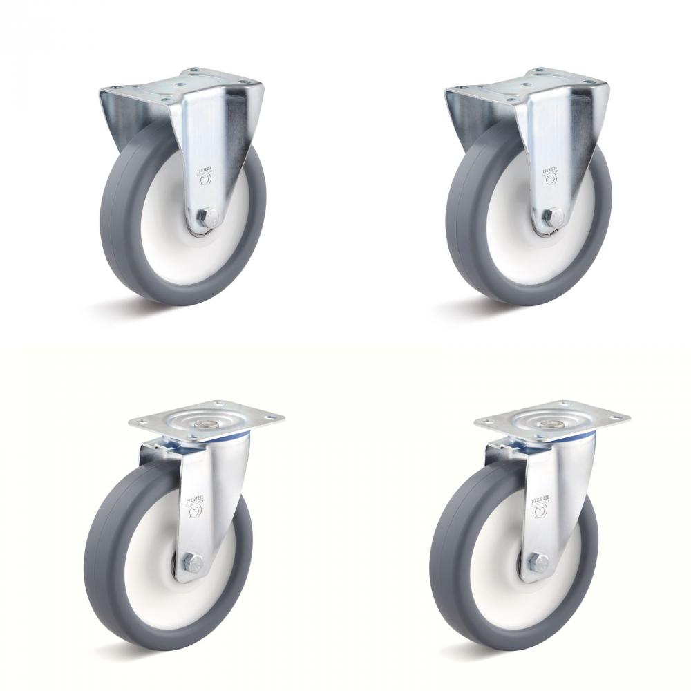 Rolset - 2 zwenkwielen en 2 bokwielen - wiel-Ø 80 tot 200 mm - bouwhoogte 100 tot 235 mm - draagvermogen/set 360 tot 1050 kg