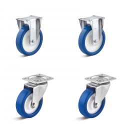 Jeu de roulettes - 2 roulettes pivotantes et 2 fixes - Ø roues 100 à 125 mm - hauteur totale 125 à 155 mm - force/jeu 450 à 600 kg