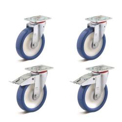 Set de roulettes - Set de 4 roulettes pivotantes très résistantes - dont 2 avec double frein -Ø des roues 80 à 200 mm - hauteur totale 108 à 245 mm - capacité de charge/set 450 à 1500 kg