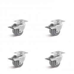 Set de roulettes - Set de 4 roulettes pivotantes à roues jumelées avec double frein - Ø de la roue 50 à 75 mm - hauteur totale 74 à 102 mm - capacité de charge/set 240 à 300 kg