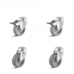 Set de roulettes - Set de 4 roulettes pivotantes à fixation à œil avec 2 roulettes pivotantes avec double frein et 2 roulettes fixes - Ø des roues 50 à 100 mm - hauteur totale 69 à 125 mm - capacité de charge/set 12