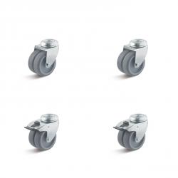 Set de roulettes - Set de 4 roulettes pivotantes avec fixation à œil à roues jumelées - avec 2 roulettes pivotantes avec double frein et 2 roulettes fixes - Ø de la roue 50 à 75 mm - hauteur totale 74 à 102 mm - cap