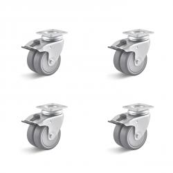 Set de roulettes - Set de 4 roulettes pivotantes à roues jumelées avec double frein - Ø de la roue 50 à 75 mm - hauteur totale 74 à 102 mm - capacité de charge/set 240 à 300 kg
