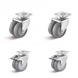 Set de roulettes - Set de 4 roulettes pivotantes à roues jumelées avec 2 roulettes pivotantes avec double frein et 2 roulettes fixes - Ø de la roue 50 à 75 mm - hauteur totale 74 à 102 mm - capacité de charge/set 240