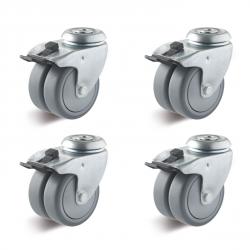 Set de roulettes - Set de 4 roulettes pivotantes avec fixation à œil à roues jumelées avec double frein - Ø de la roue 50 à 75 mm - hauteur totale 74 à 102 mm - capacité de charge/set 240 à 300 kg