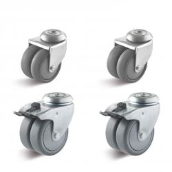 Set de roulettes - Set de 4 roulettes pivotantes à roues jumelées avec fixation à œil - avec 2 roulettes pivotantes avec double frein et 2 roulettes fixes - Ø de la roue 50 à 75 mm - hauteur totale 74 à 102 mm - cap