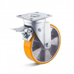Roulette pivotante très résistante avec double frein - roue en polyuréthane - Ø de la roue 82 à 250 mm - hauteur totale 117 à 300 mm - capacité de charge 180 à 800 kg