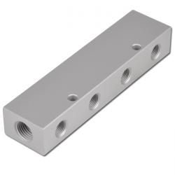 Fordelingslist - eloksert aluminium - 8 ganger - 2 hunninnganger G 1/8" til G 1/2" - 2 x 4 hunnuttak M5 til G 1/4" - PN 16