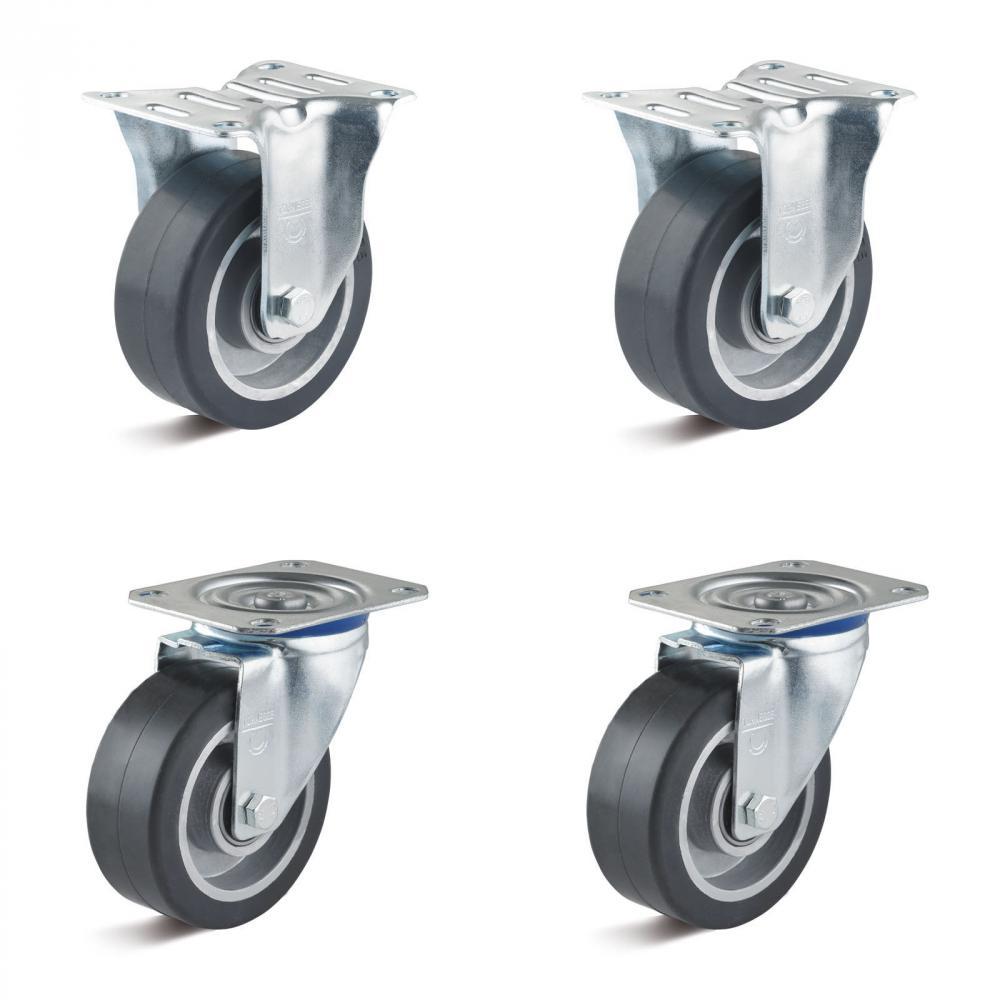 Jeu de roulettes - 2 roulettes pivotantes et 2 fixes - roue Ø 80 à 100 mm - hauteur de construction 100 à 125 mm - capacité de charge / jeu 360 à 540 kg