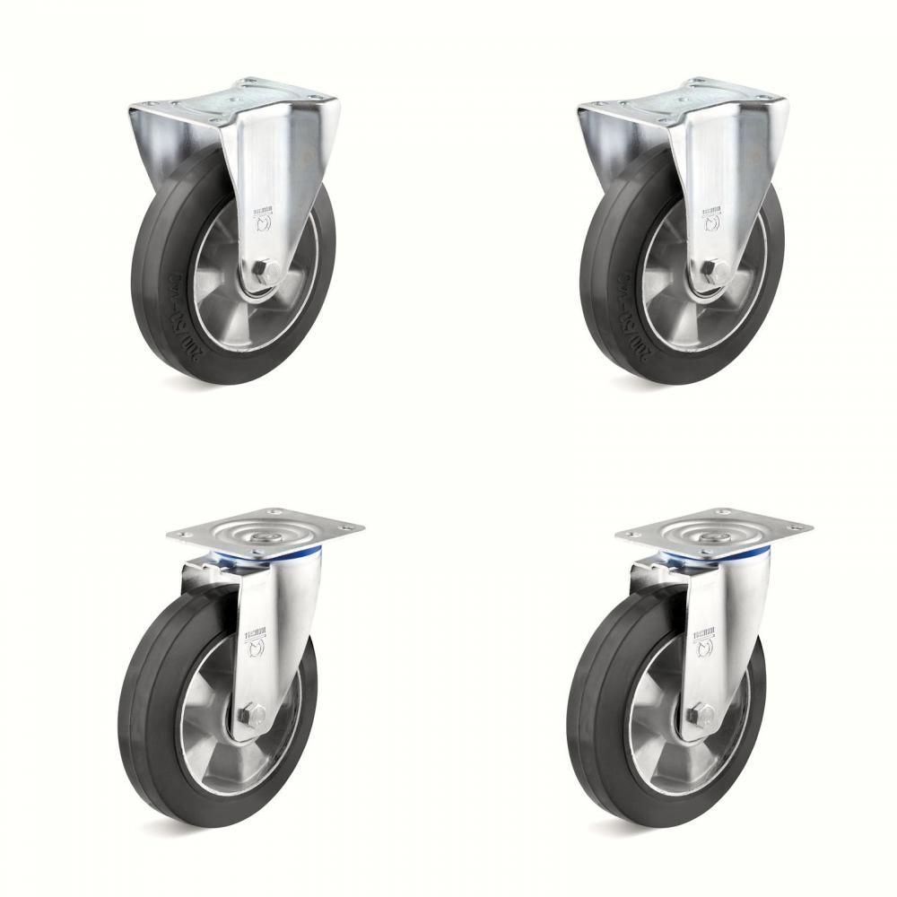 Set de roulettes - Set de 4 roulettes dont 2 roulettes pivotantes avec double frein et 2 roulettes fixes - Ø de la roue 125 à 200 mm - hauteur totale 155 à 235 mm - capacité de charge/set 600 à 1200 kg