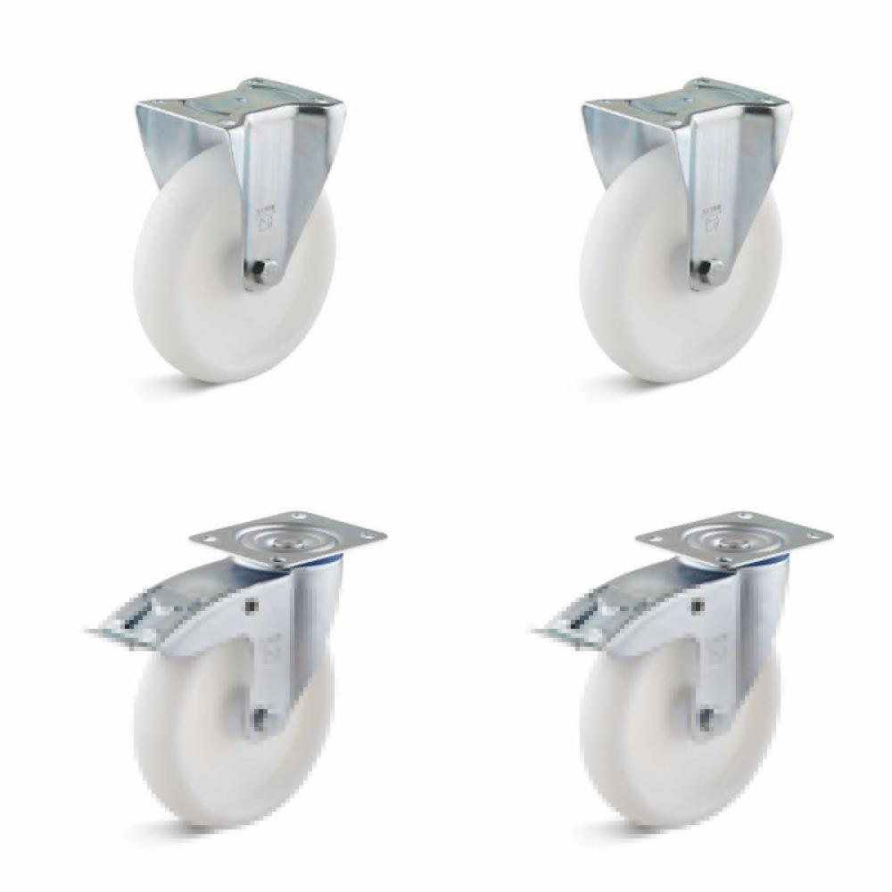 Rollenset - 2 zwenkwielen en 2 bokwielen - wiel-Ø 80 tot 200 mm - bouwhoogte 100 tot 235 mm - draagvermogen/set 450 tot 1050 kg