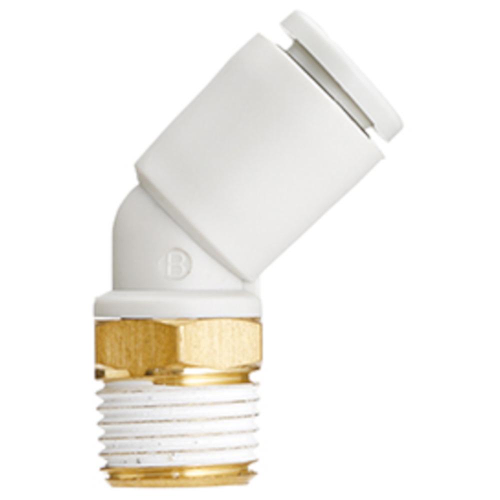 Raccord coud&eacute; &agrave; visser SMC 45&deg; KQ2K - laiton nickel&eacute;/PBT - avec joint plat - diam&egrave;tre de tuyau de 4 &agrave; 16 mm - filetage R - conditionnement de 5 ou 10 pi&egrave;ces - prix &agrave; l'unit&eacute;