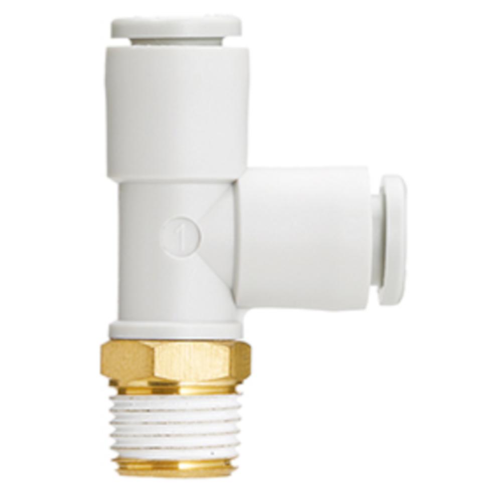 Raccord &agrave; vis enfichable en T SMC KQ2Y - orientable &agrave; 360&deg; - laiton nickel&eacute; - avec joint plat - &Oslash; ext&eacute;rieur du tuyau de 3,2 &agrave; 16 mm - filetage R - conditionnement de 5 ou 10 pi&egrave;ces - prix &agrave; l'unit&eacute;