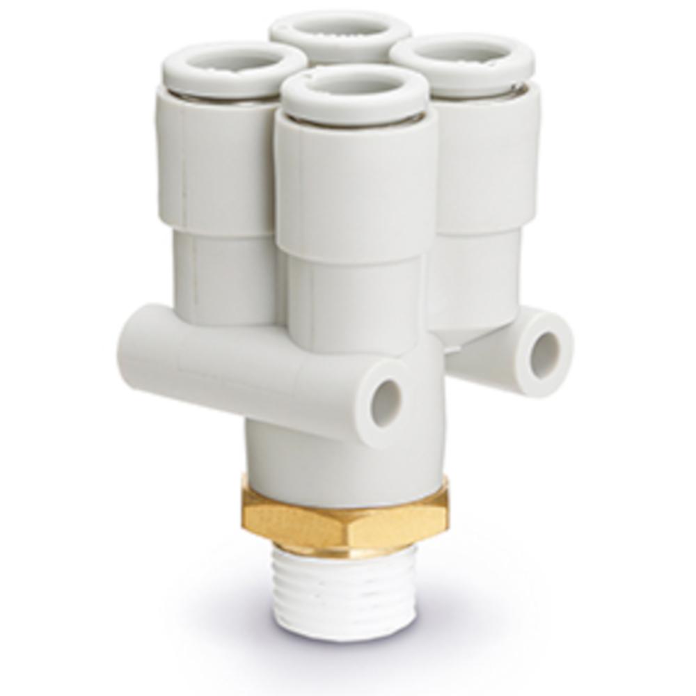 D&eacute;rivation enfichable en Y SMC &agrave; 4 voies KQ2UD - laiton/PBT - sans joint - &Oslash; du tuyau 4 ou 6 mm - filetage R - conditionnement de 10 pi&egrave;ces - prix &agrave; l'unit&eacute;